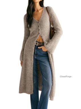 Womens V-Neck Button Maxi Cardigan Bell Long Sleeve Open Front Split Knit